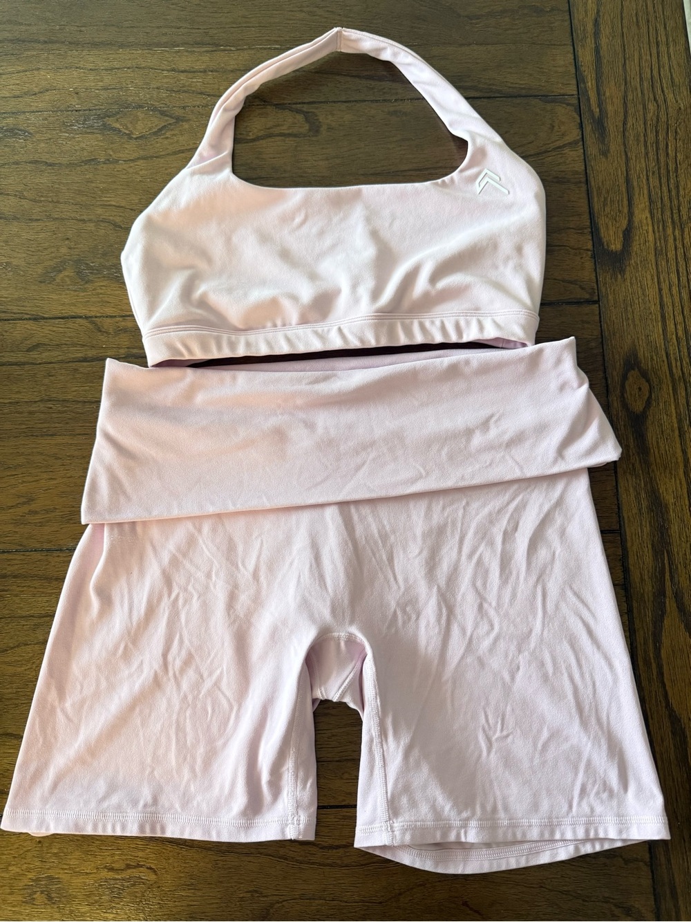 Oner active halter sports bra with soft motion fold over shorts in soft pink